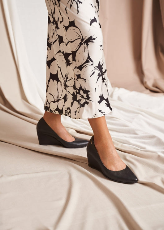 Verona Black Leather Slip On Women Wedges Legs