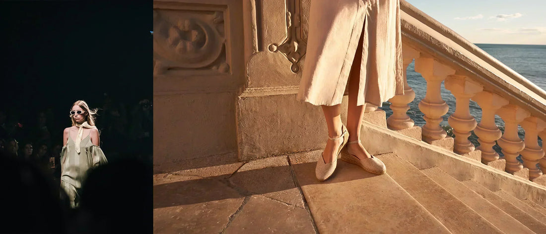 NYFW 2025 runway look paired with Viscata espadrilles in Mediterranean setting