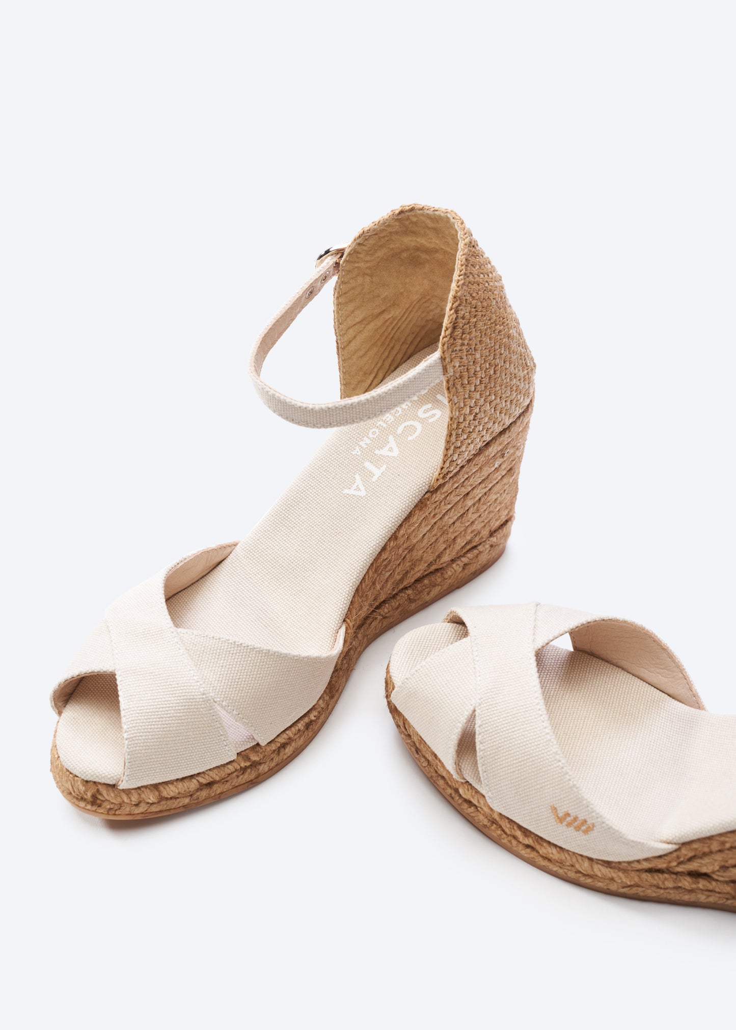 Aiguablava Beige Canvas Ankle Strap Woman Espadrille Open Toe Wedges