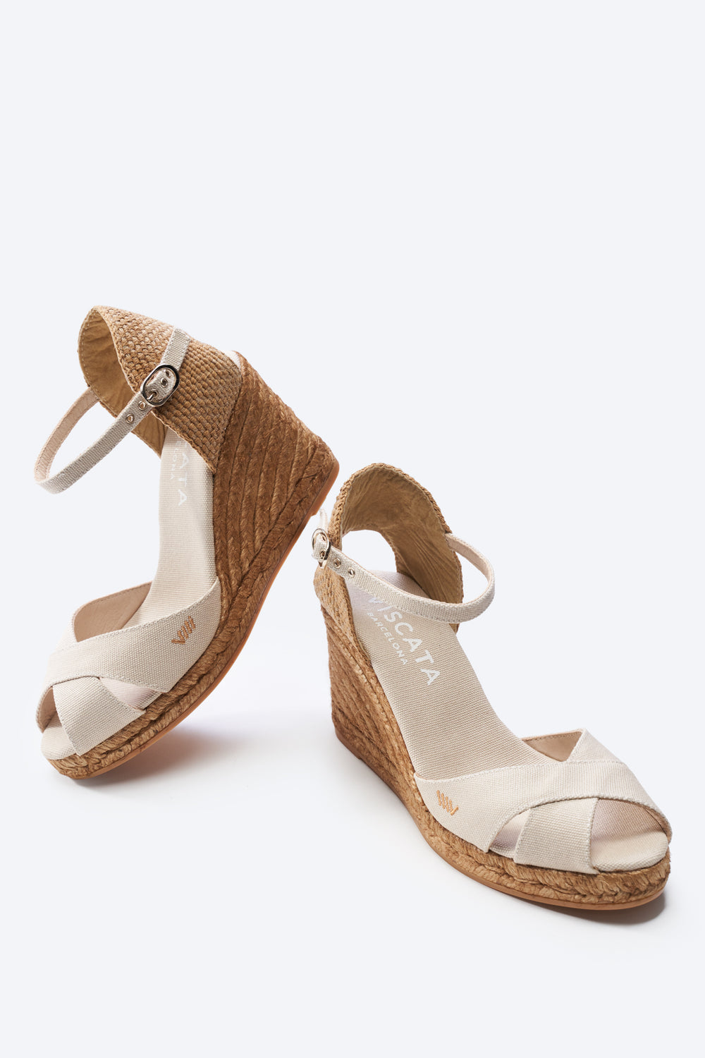 Aiguablava Beige Canvas Ankle Strap Woman Espadrille High Heel Wedges