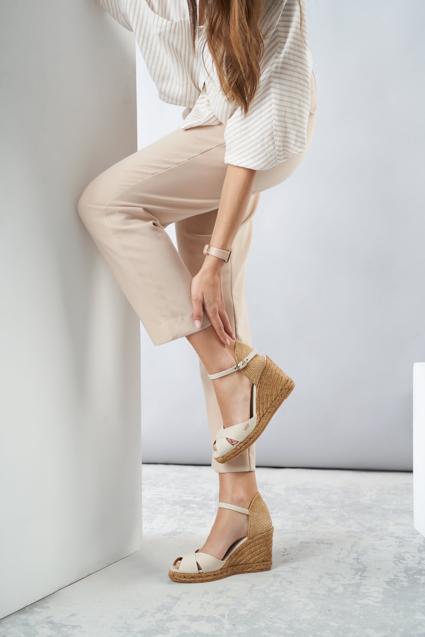 Aiguablava Beige Canvas Ankle Strap Woman Espadrille Wedges Legs