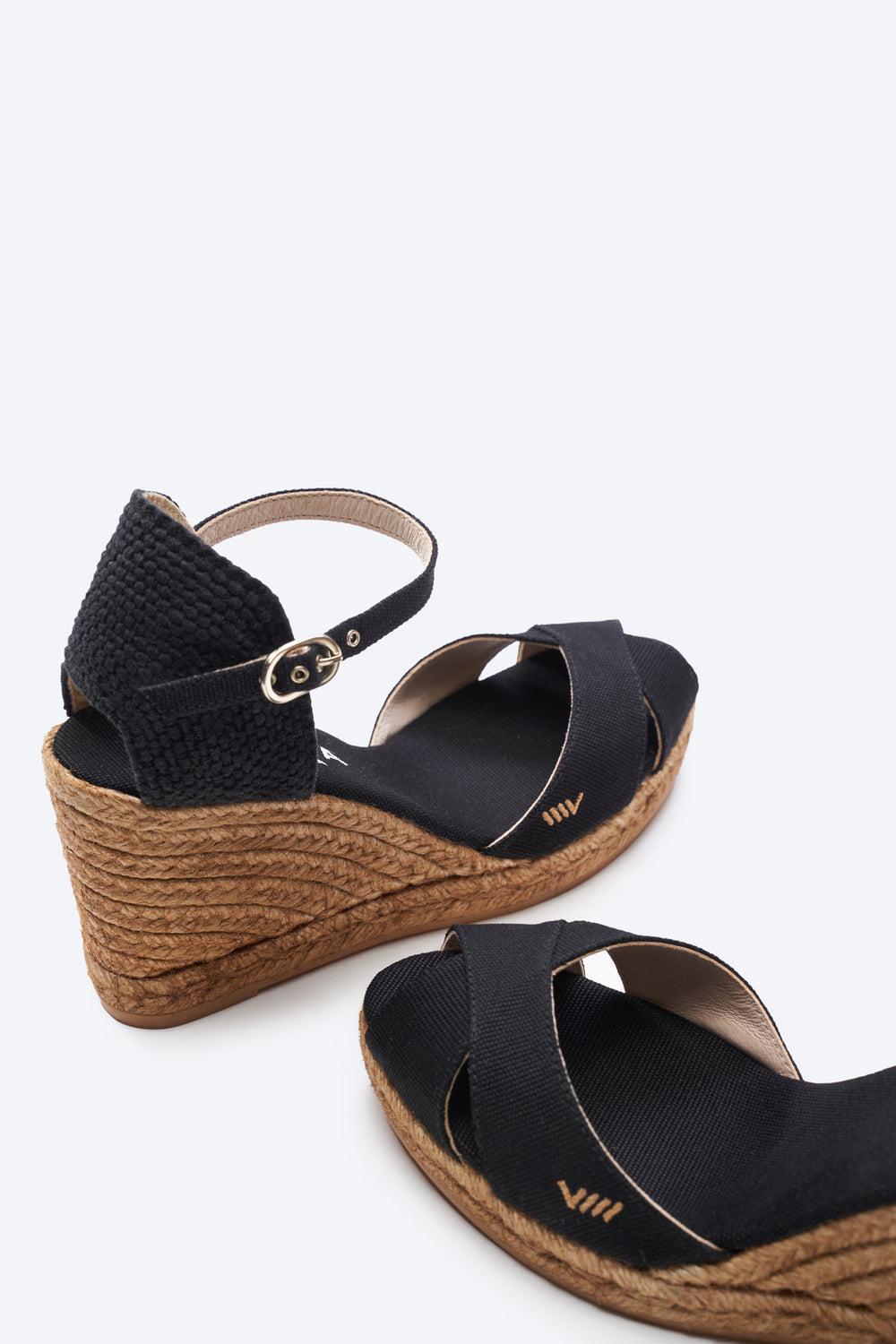 Aiguablava Black Canvas Ankle Strap Woman Espadrille Open Toe Wedges
