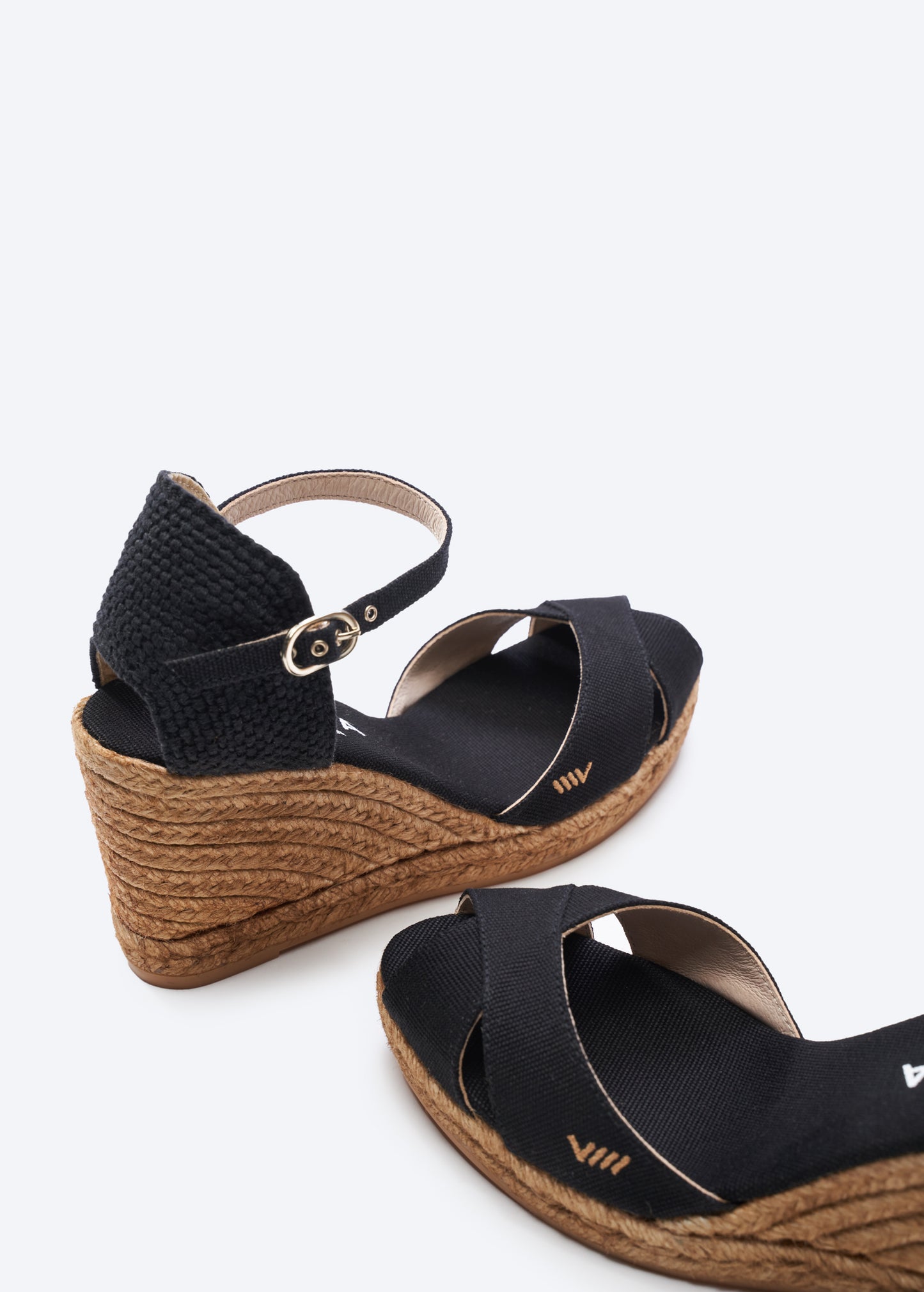 Aiguablava Black Canvas Ankle Strap Woman Espadrille Open Toe Wedges
