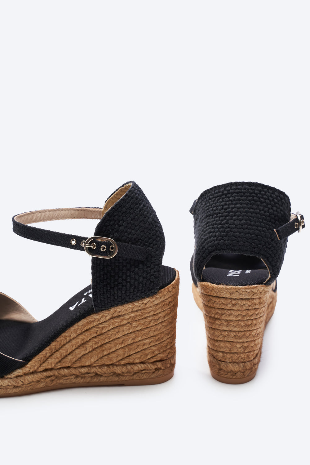 Aiguablava Black Canvas Ankle Strap Woman Espadrille Wedges Flexible Back Detail