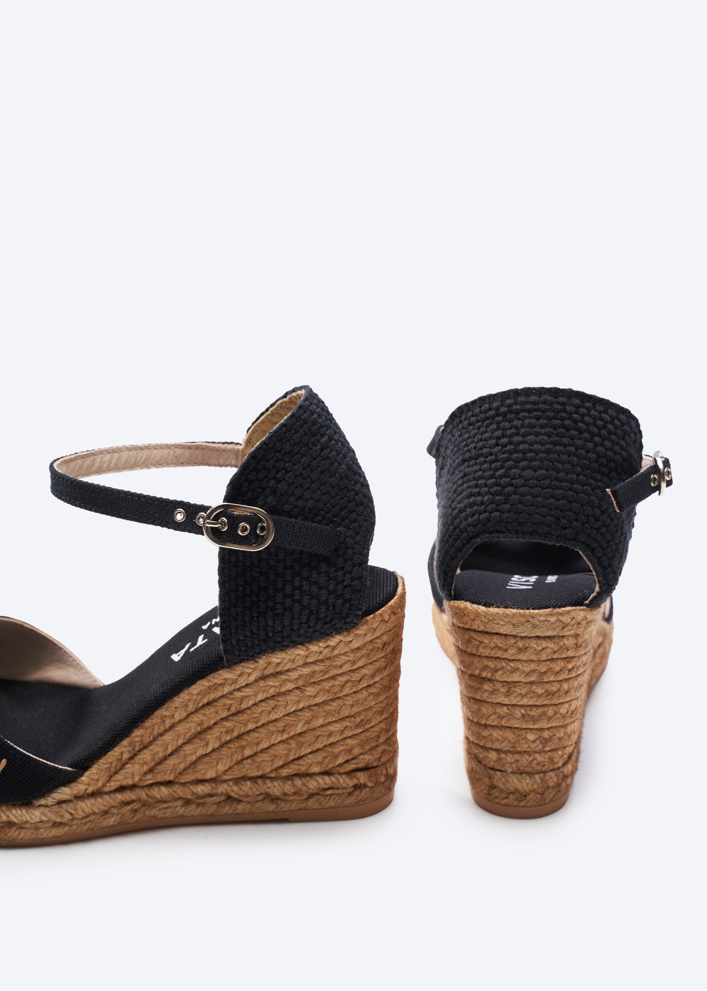 Aiguablava Black Canvas Ankle Strap Woman Espadrille Wedges Flexible Back Detail
