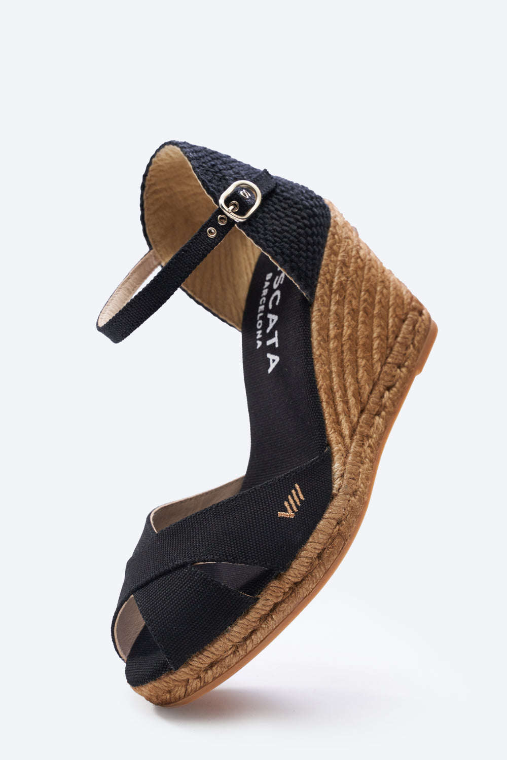 Aiguablava Black Canvas Ankle Strap Woman Open Toe Espadrille High Wedges