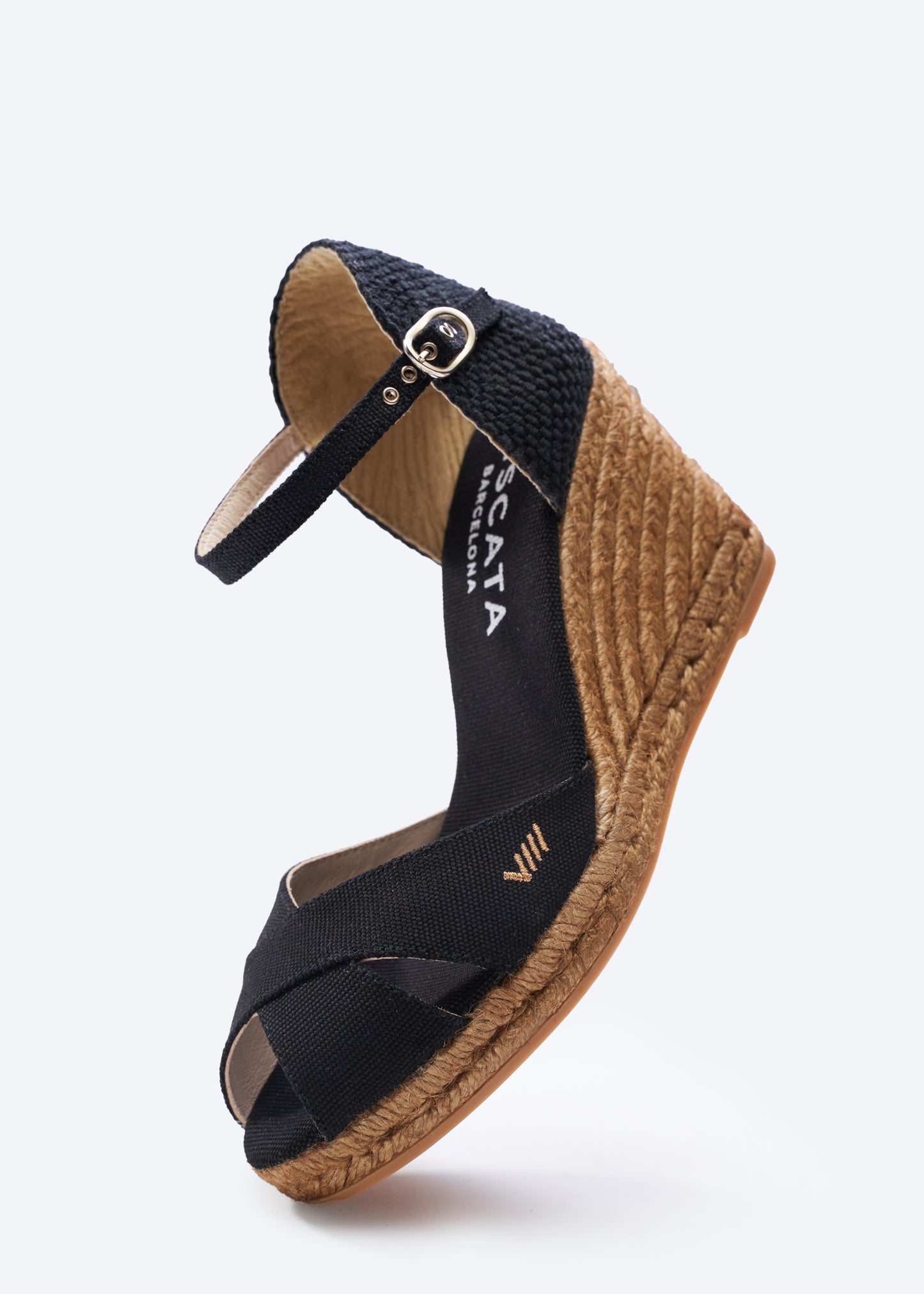 Aiguablava Black Canvas Ankle Strap Woman Open Toe Espadrille High Wedges