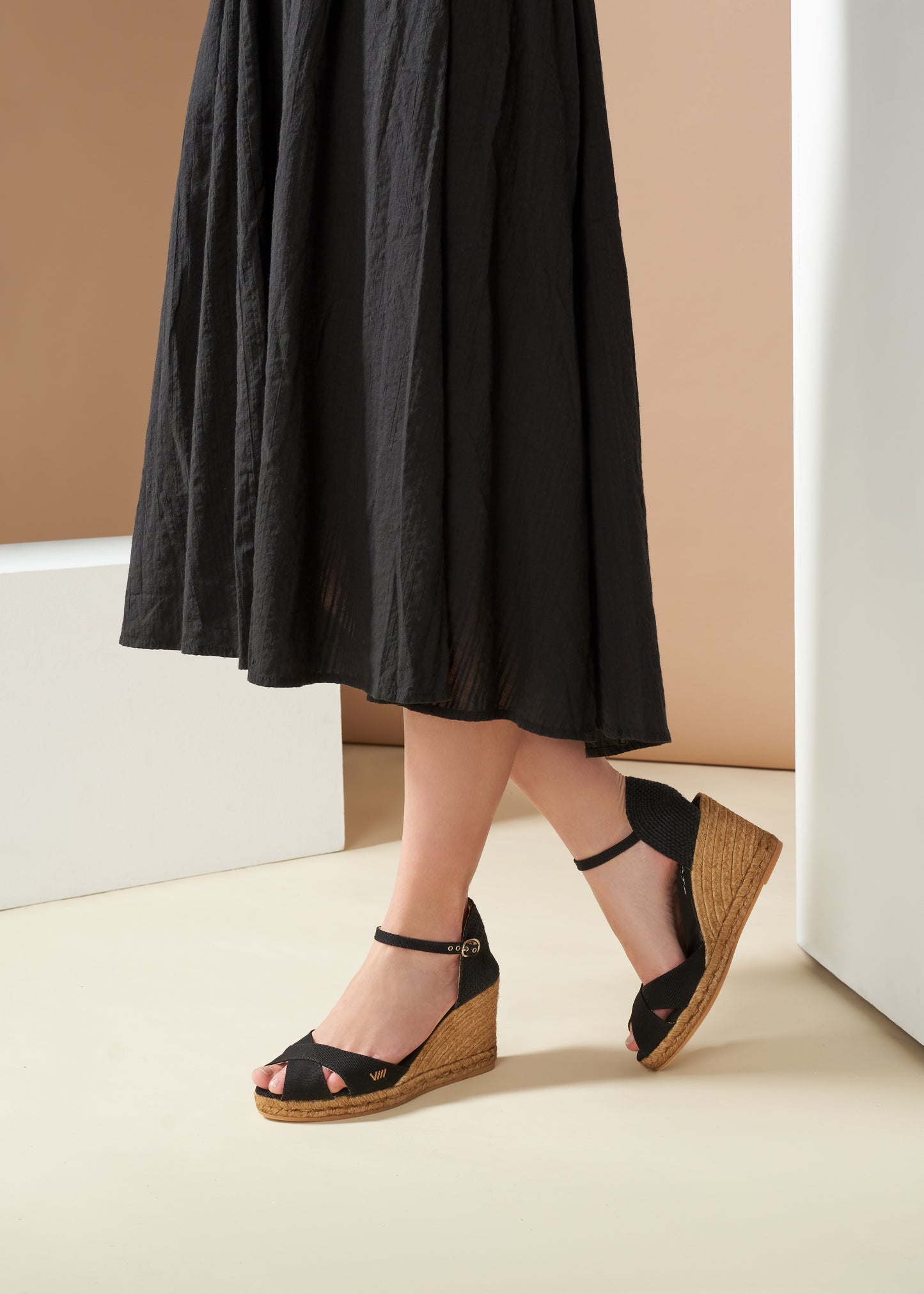 Aiguablava Black Canvas Ankle Strap Woman Espadrille Wedges Legs