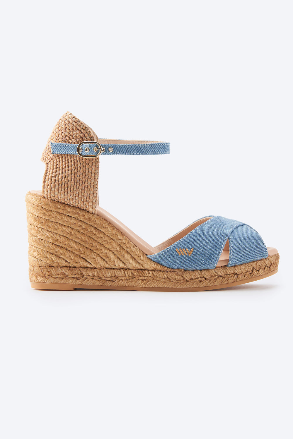 Aiguablava Limited Edition Light Denim Canvas Ankle Strap Woman Open Toe Espadrille High Heel Wedge