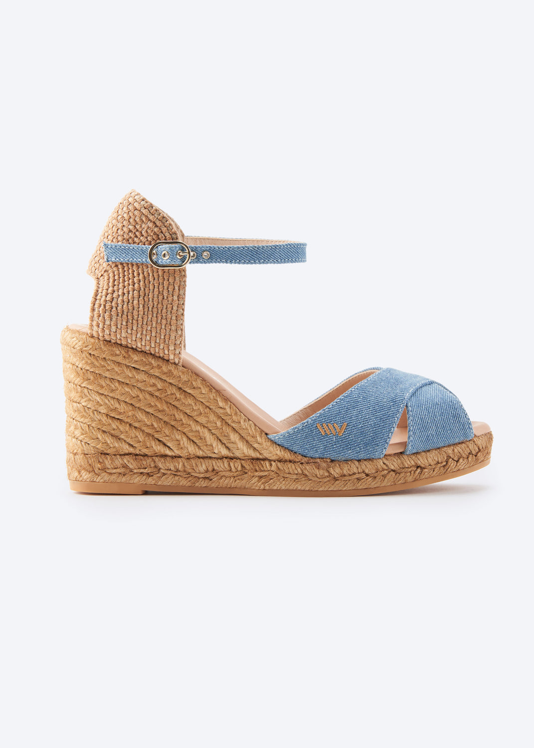Aiguablava Limited Edition Light Denim Canvas Ankle Strap Woman Open Toe Espadrille High Heel Wedge
