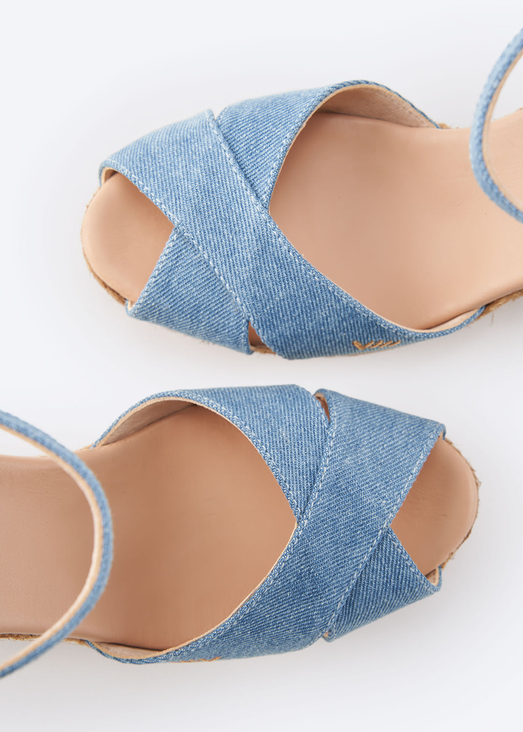 Aiguablava Limited Edition Light Denim Canvas Ankle Strap Woman Espadrille Wedges Crossed Open Toe Detail