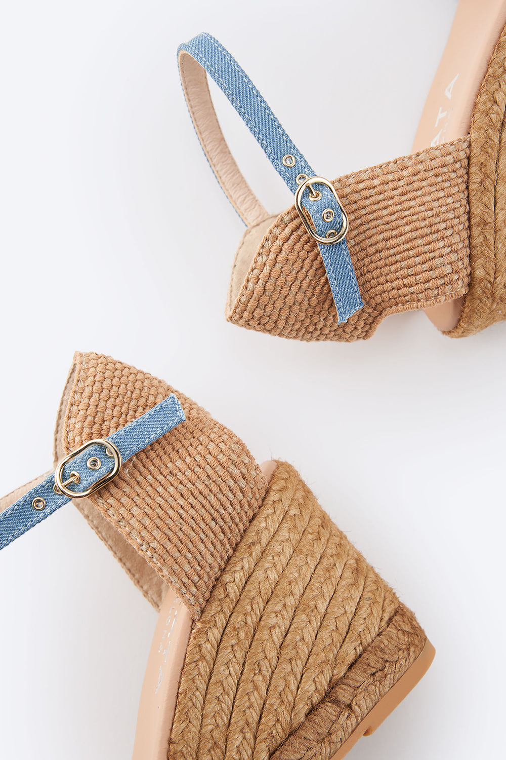 Aiguablava Limited Edition Light Denim Canvas Woman Open Toe Espadrille High Heel Wedges Flexible Back & Anlke Straps Details