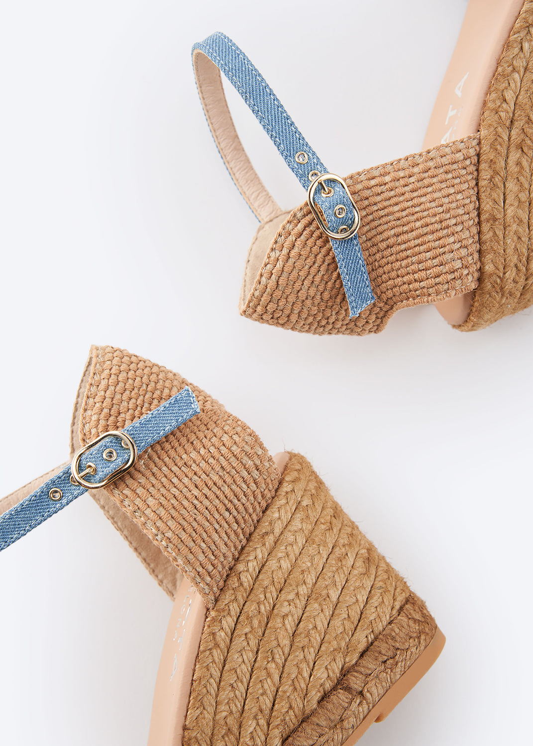 Aiguablava Limited Edition Light Denim Canvas Woman Open Toe Espadrille High Heel Wedges Flexible Back & Anlke Straps Details