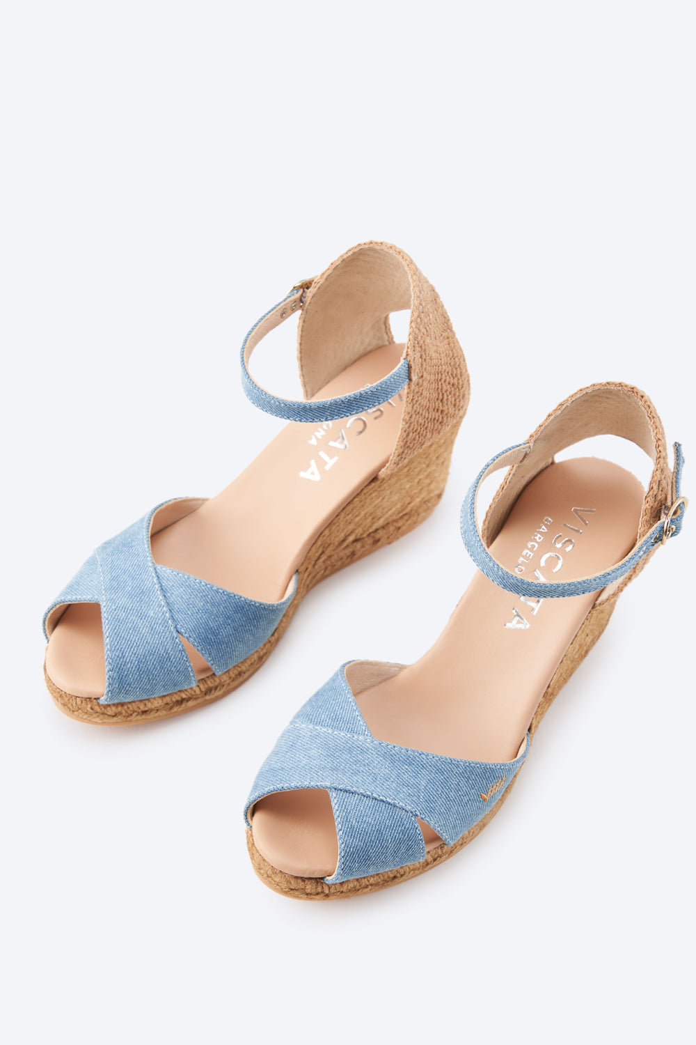 Aiguablava Limited Edition Light Denim Canvas Ankle Strap Woman Crossed Open Toe Espadrille High Heel Wedges