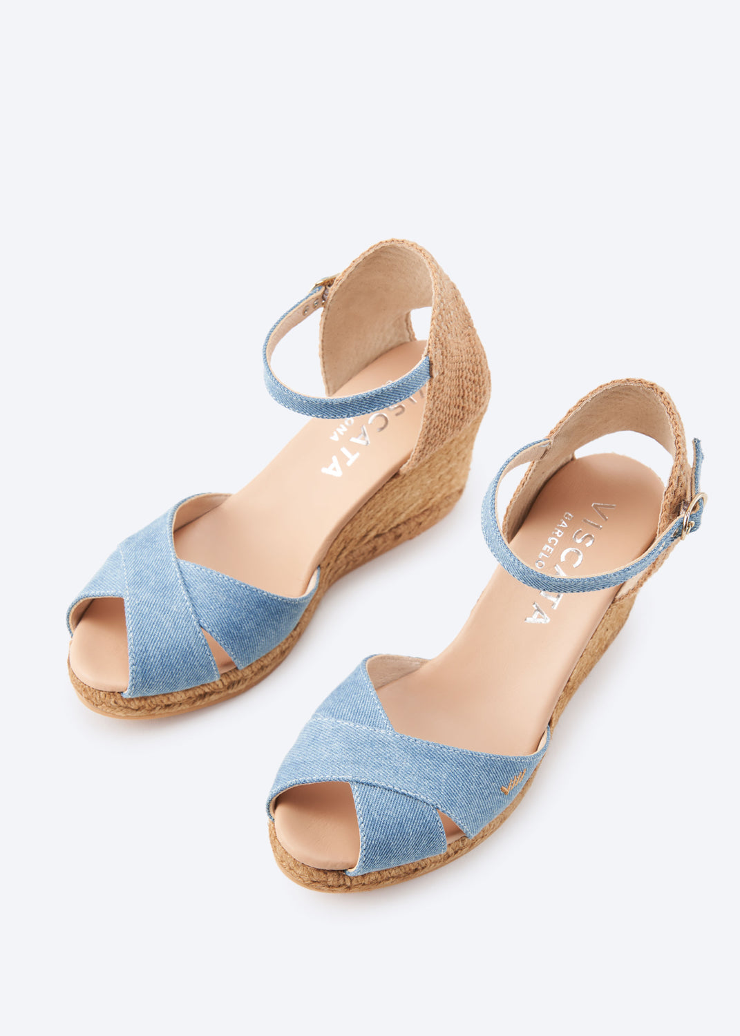 Aiguablava Limited Edition Light Denim Canvas Ankle Strap Woman Crossed Open Toe Espadrille High Heel Wedges
