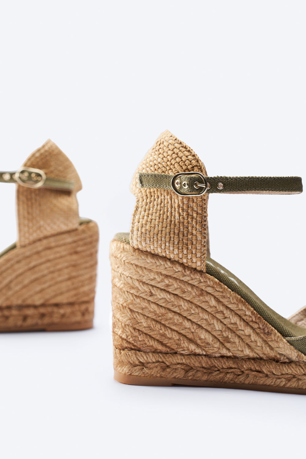 Aiguablava Limited Edition Olive Canvas Ankle Strap Woman Espadrille Wedges Flexible Back Detail