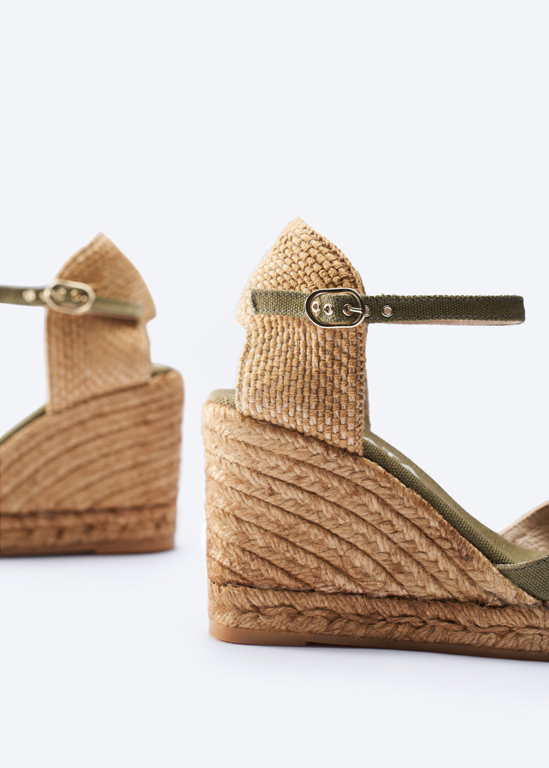 Aiguablava Limited Edition Olive Canvas Ankle Strap Woman Espadrille Wedges Flexible Back Detail