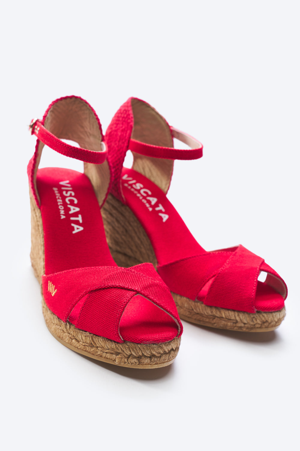 Aiguablava Limited Edition Red Canvas Ankle Strap Woman Open Toe Espadrille High Wedges