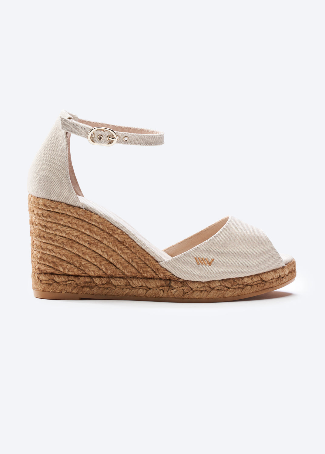 Aiguafreda Beige Canvas Ankle Strap Woman Open Toe Espadrille Wedge
