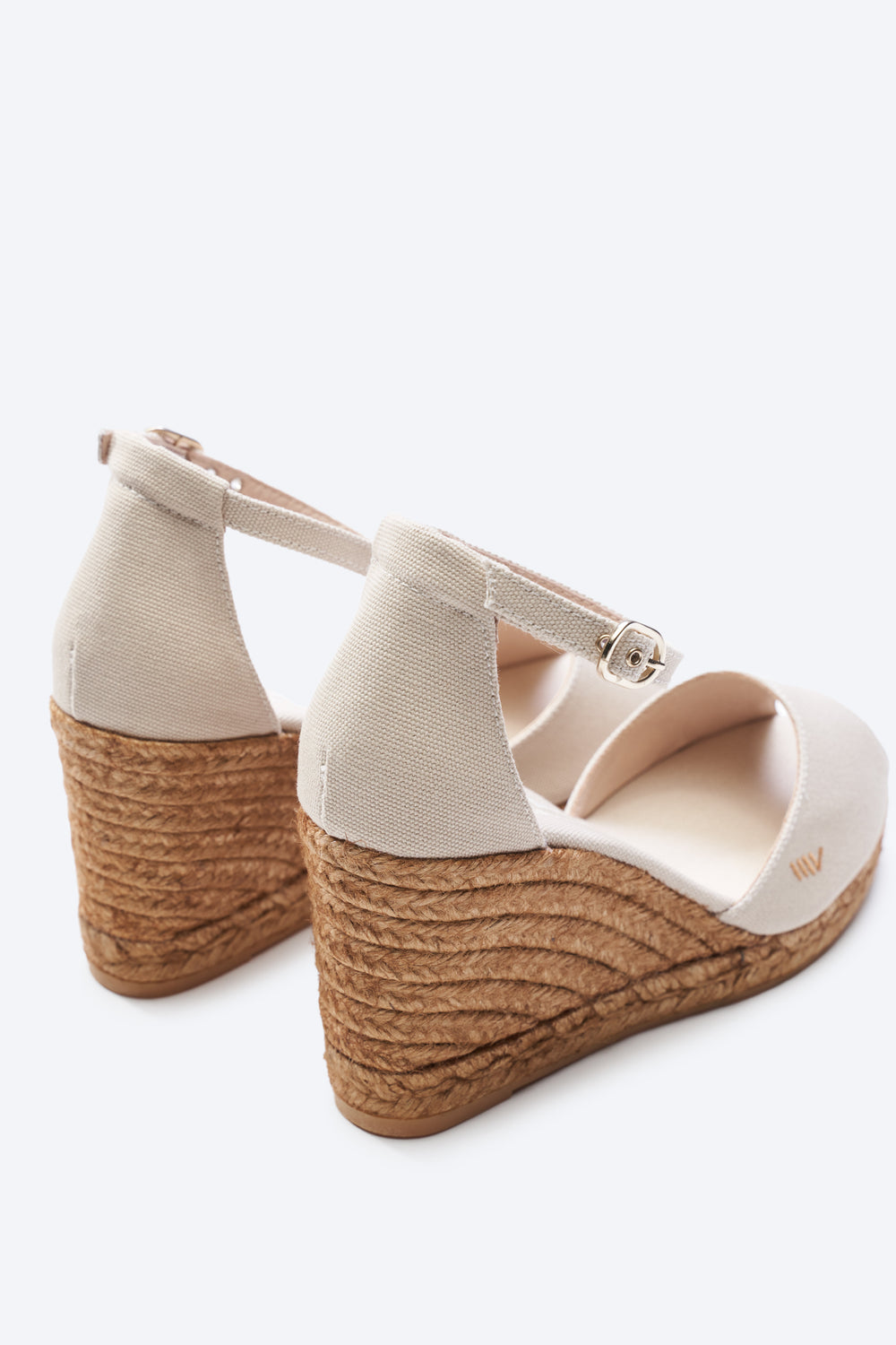 Aiguafreda Beige Canvas Ankle Strap Woman Open Toe Espadrille Wedges Back Detail