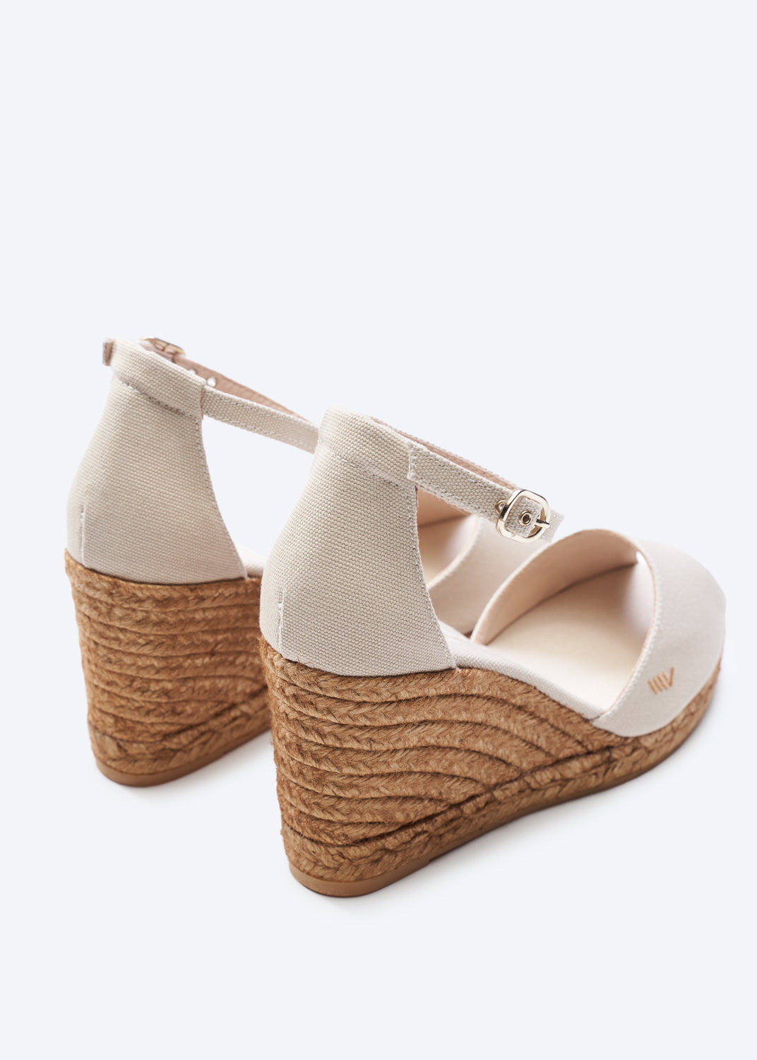 Aiguafreda Beige Canvas Ankle Strap Woman Open Toe Espadrille Wedges Back Detail