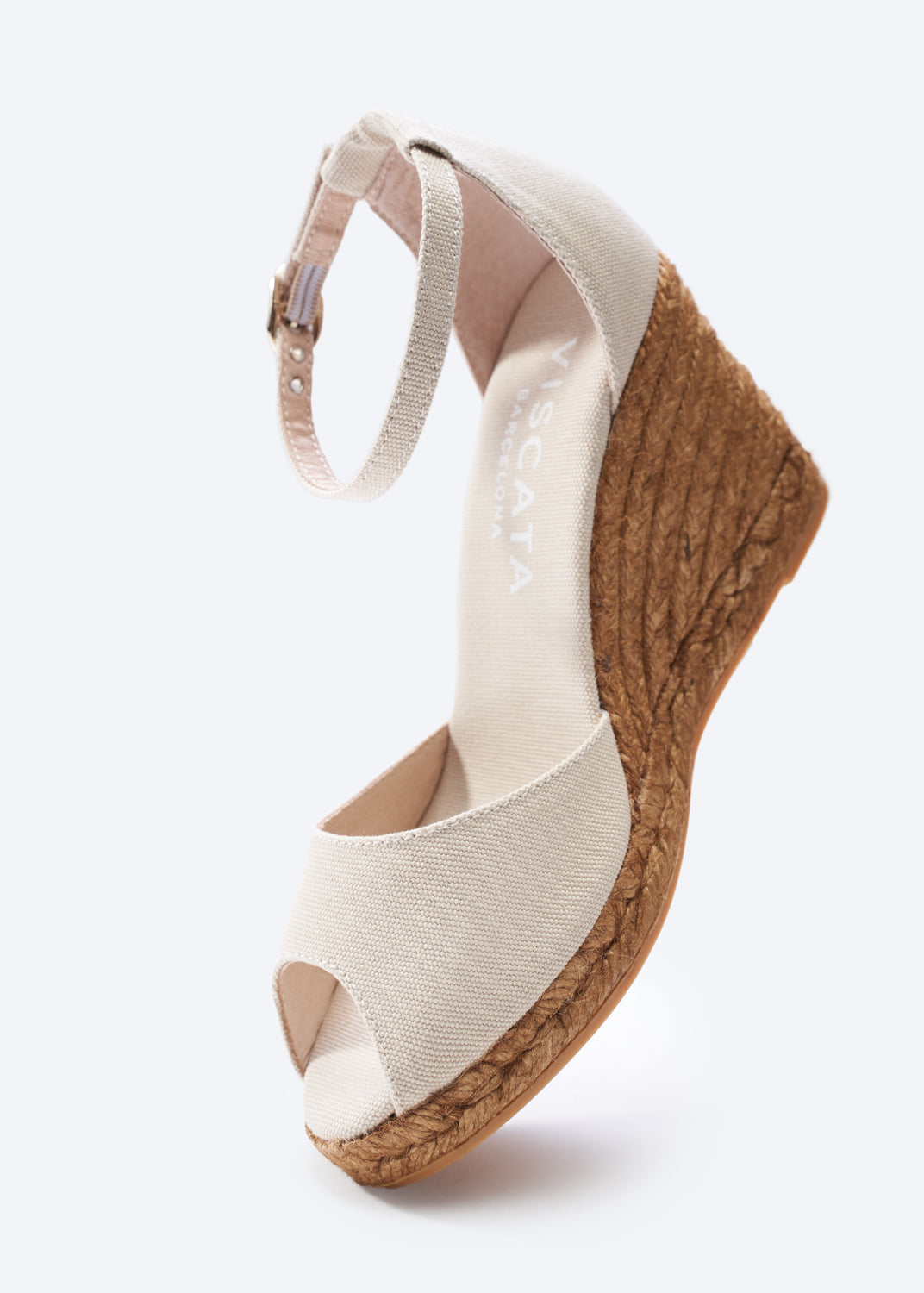 Aiguafreda Beige Canvas Ankle Strap Woman Open Toe Espadrille High Heel Wedges