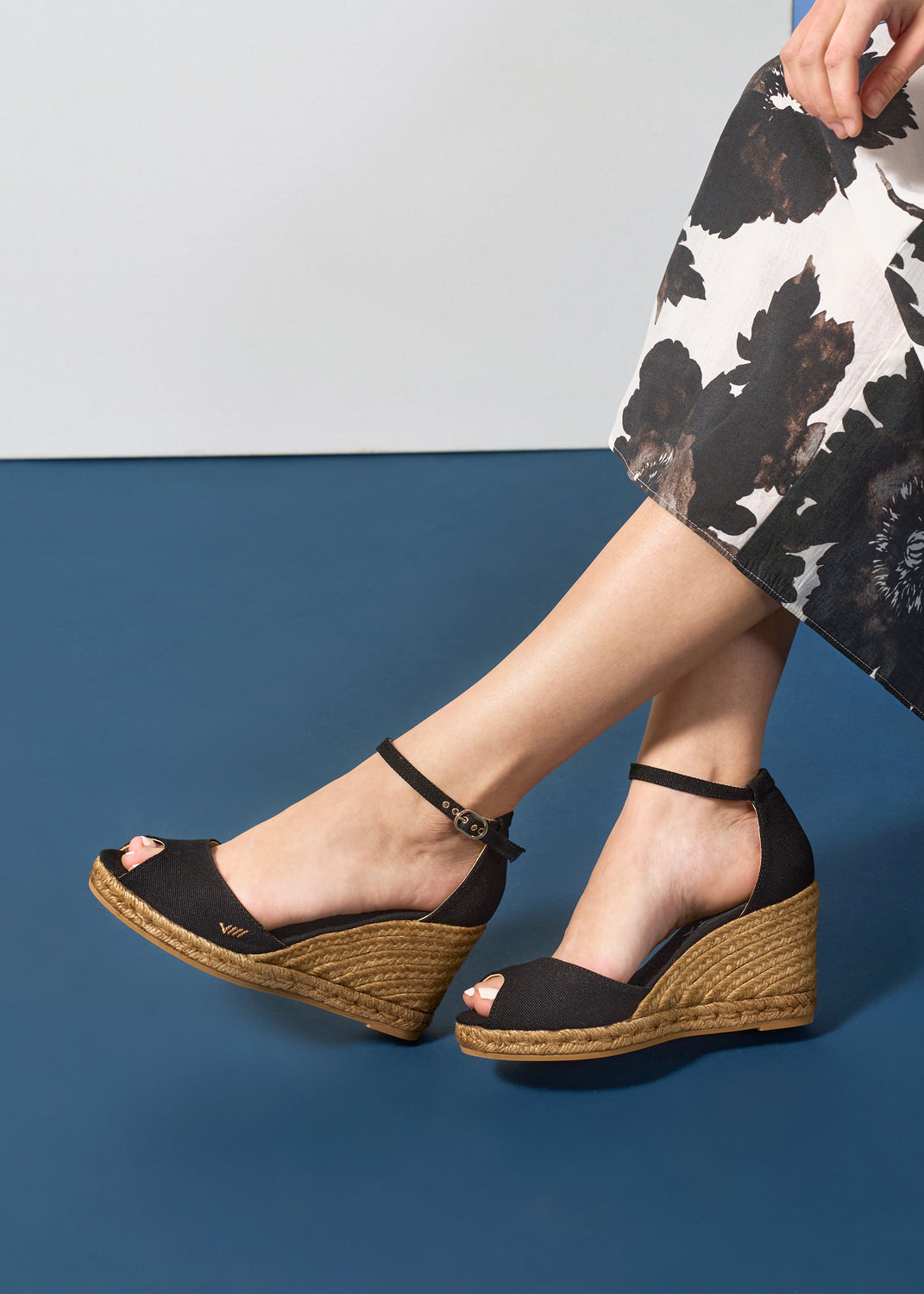 Aiguafreda Black Canvas Ankle Strap Woman Espadrille High Wedges Legs