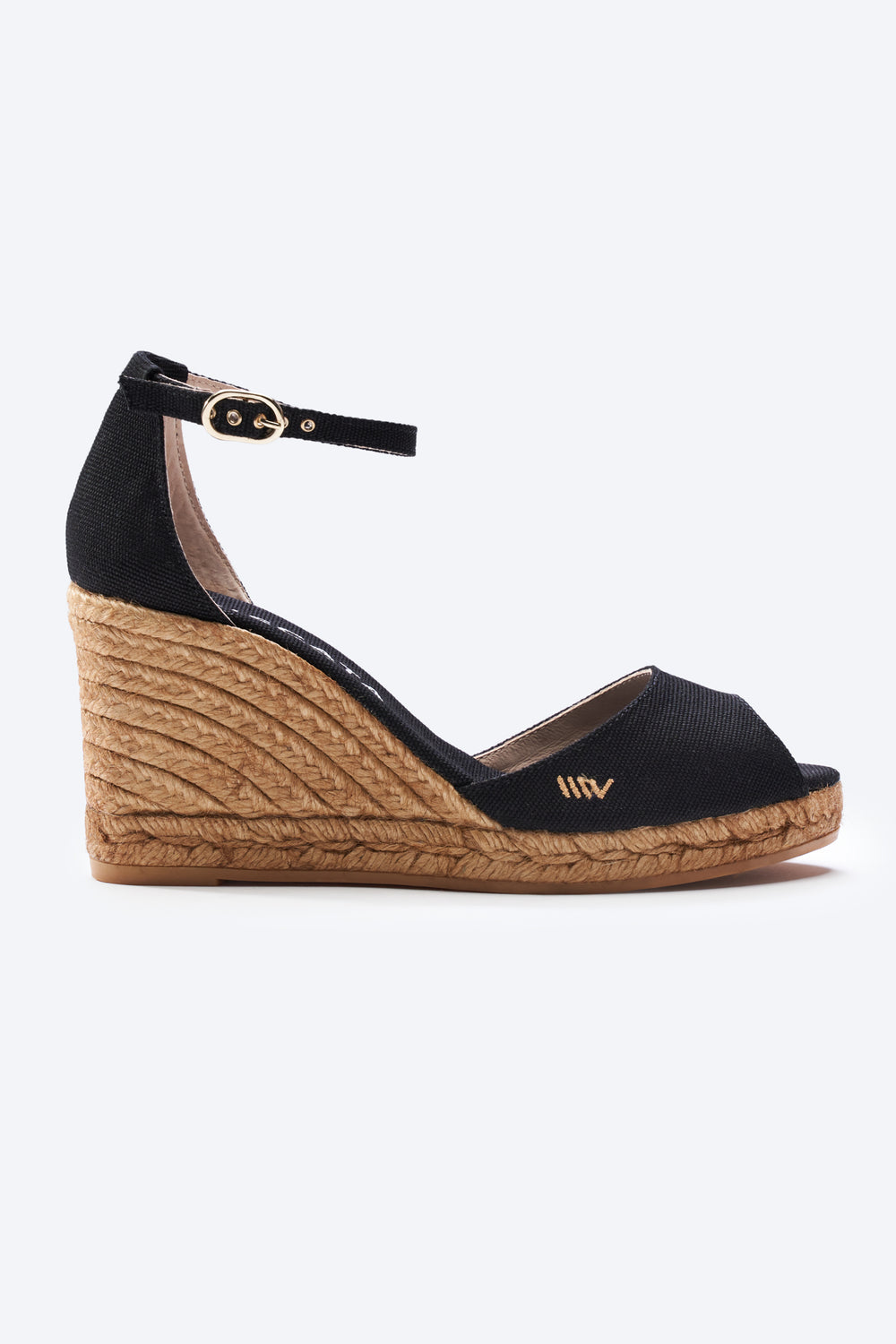 Aiguafreda Black Canvas Ankle Strap Woman Open Toe Espadrille Wedge