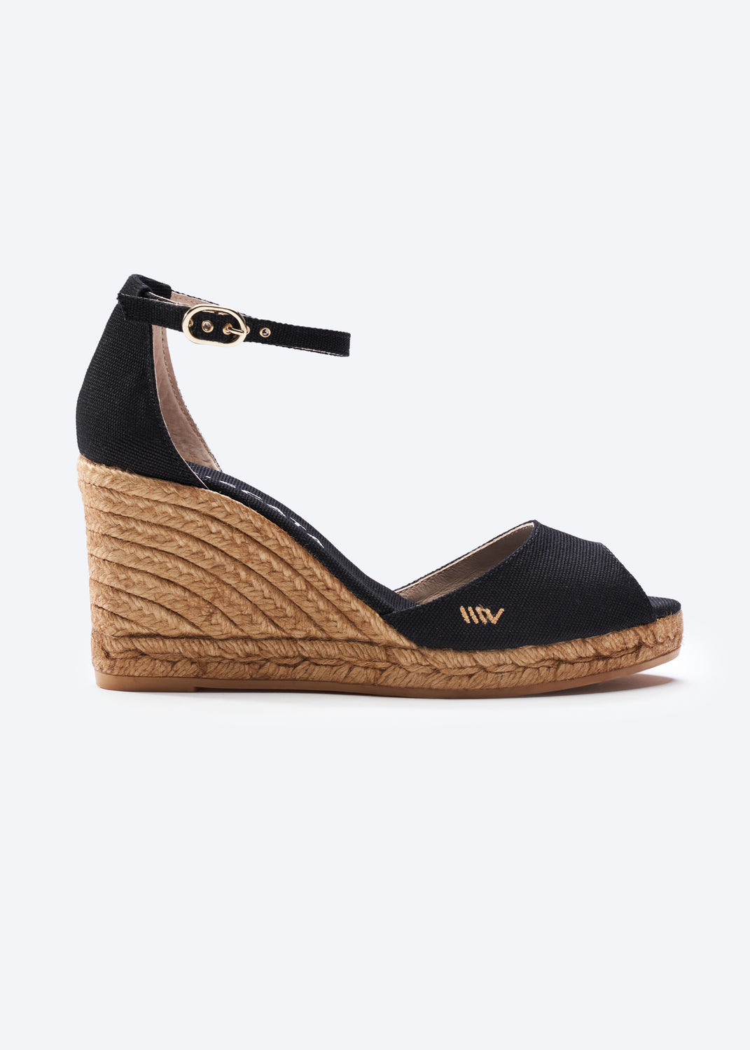 Aiguafreda Black Canvas Ankle Strap Woman Open Toe Espadrille Wedge
