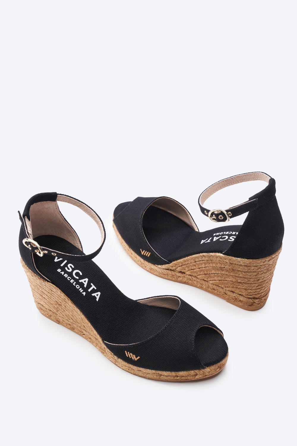Aiguafreda Black Canvas Ankle Strap Woman Open Toe Espadrille High Heel Wedges