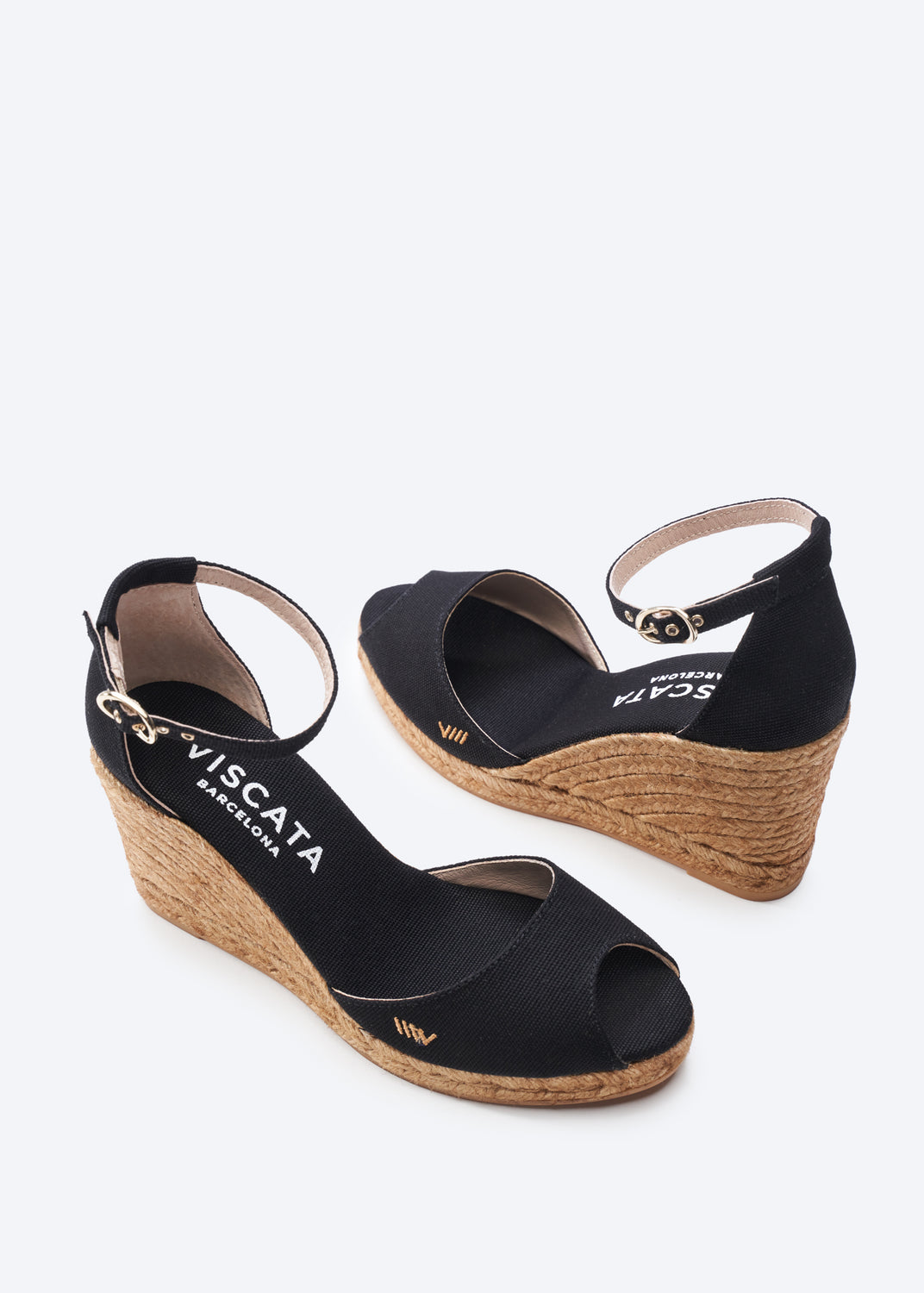 Aiguafreda Black Canvas Ankle Strap Woman Open Toe Espadrille High Heel Wedges