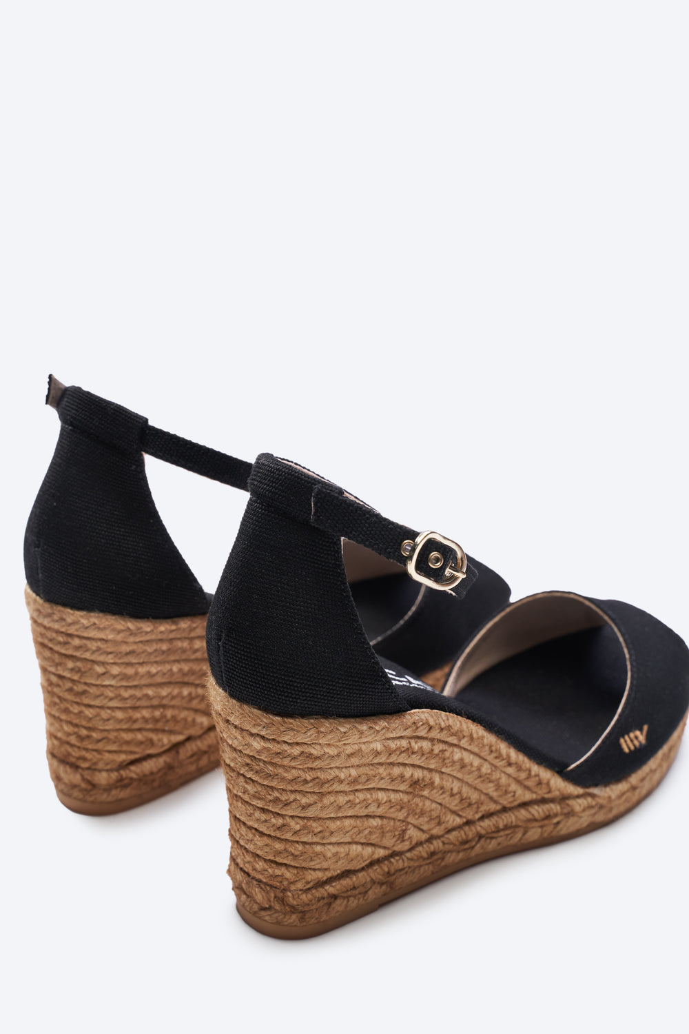 Aiguafreda Black Canvas Ankle Strap Woman Open Toe Espadrille Wedges Back Detail