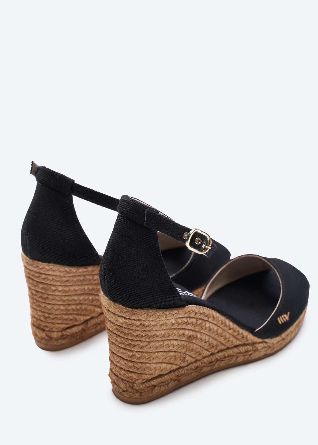 Aiguafreda Black Canvas Ankle Strap Woman Open Toe Espadrille Wedges Back Detail