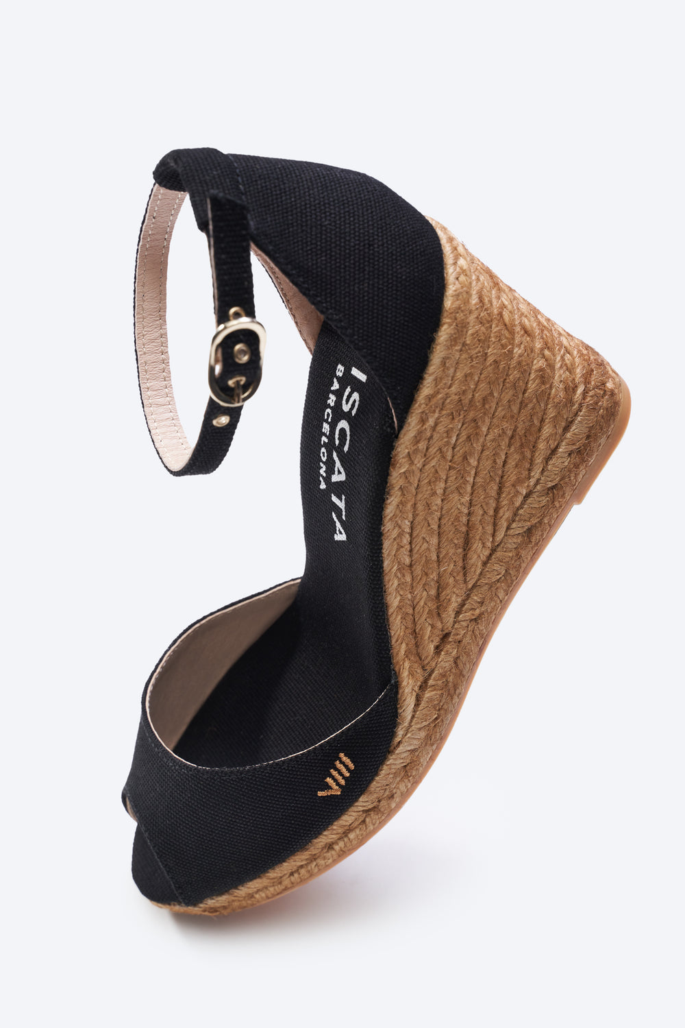 Aiguafreda Black Canvas Ankle Strap Woman Open Toe Espadrille High Wedges