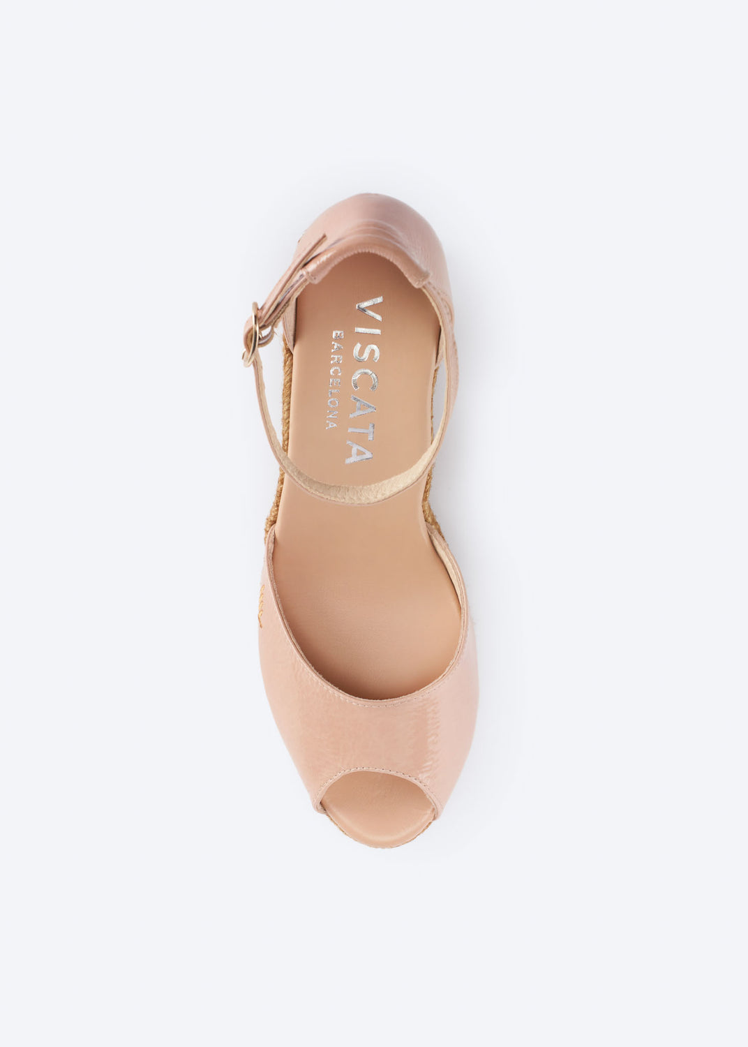 Top view of blush pink leather wedge espadrille sandal with slingback strap and open toe, handcrafted in Spain