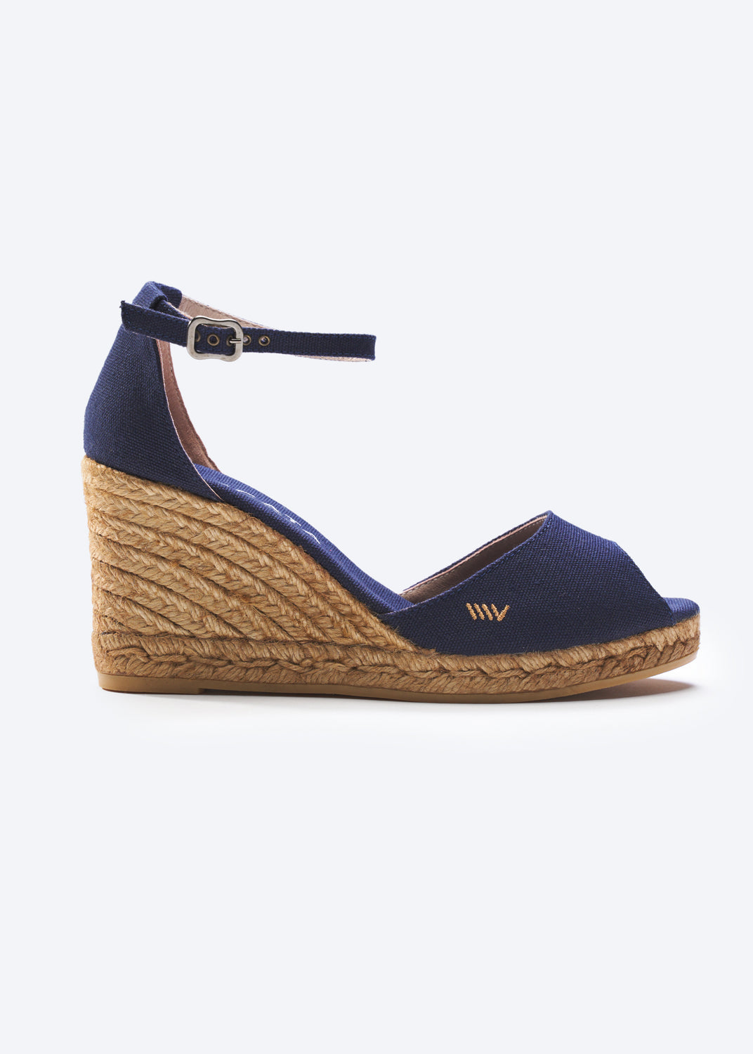 Aiguafreda Navy Blue Canvas Ankle Strap Woman Open Toe Espadrille Wedge