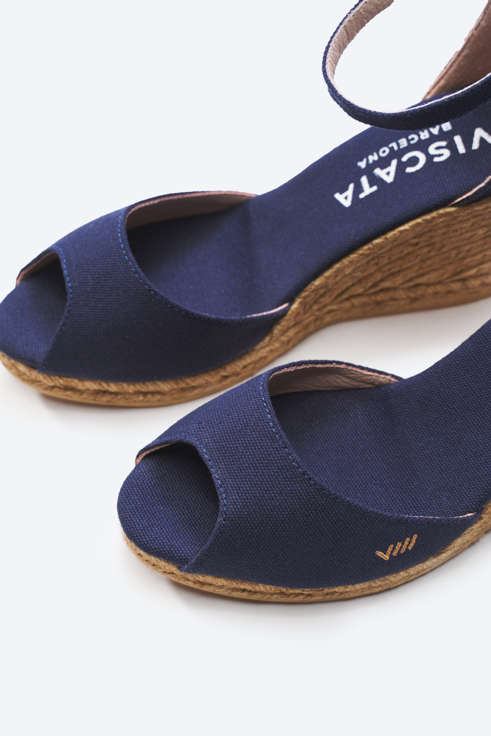 Aiguafreda Navy Blue Canvas Ankle Strap Woman Espadrille Wedges Open Toe Detail