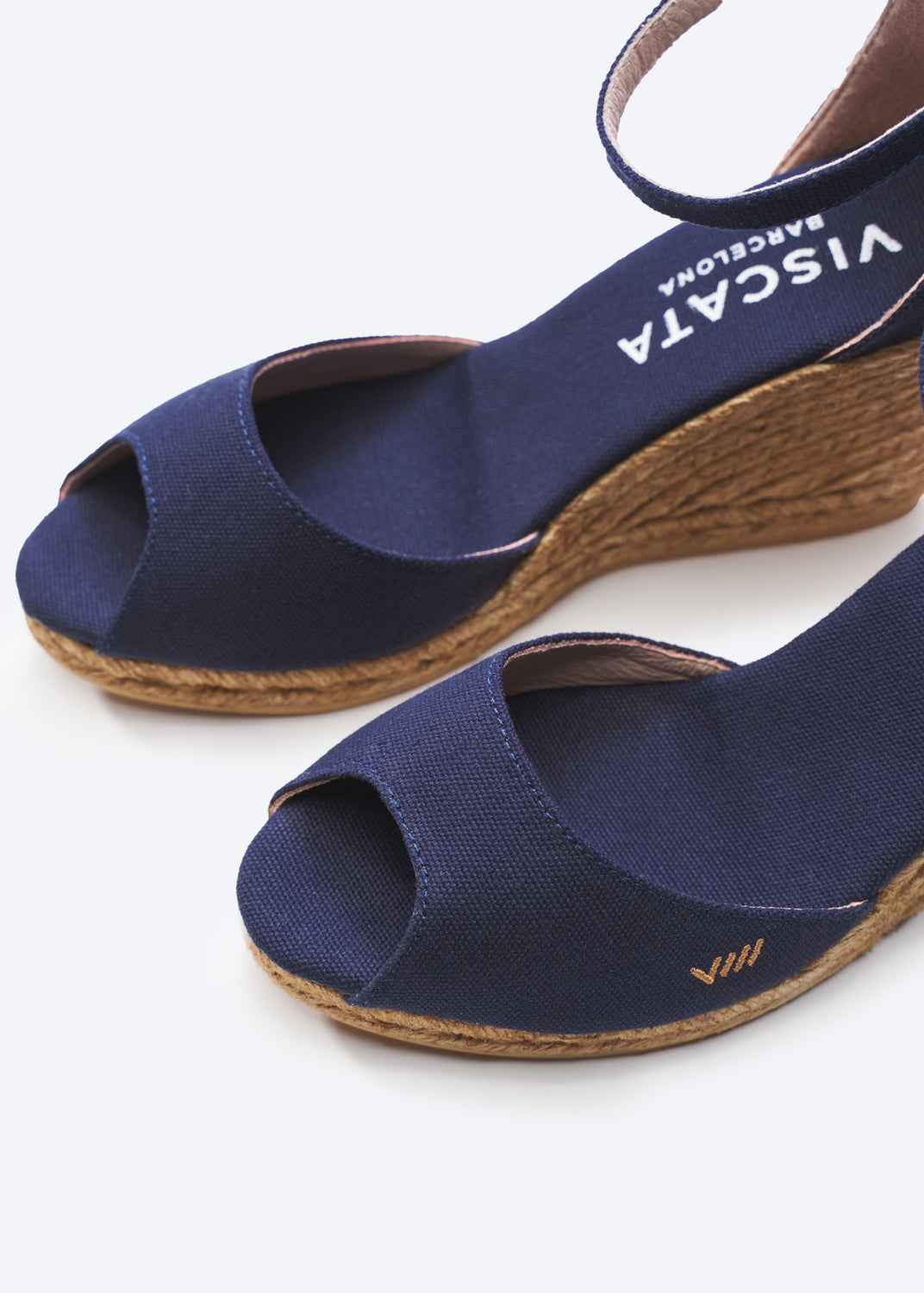 Aiguafreda Navy Blue Canvas Ankle Strap Woman Espadrille Wedges Open Toe Detail
