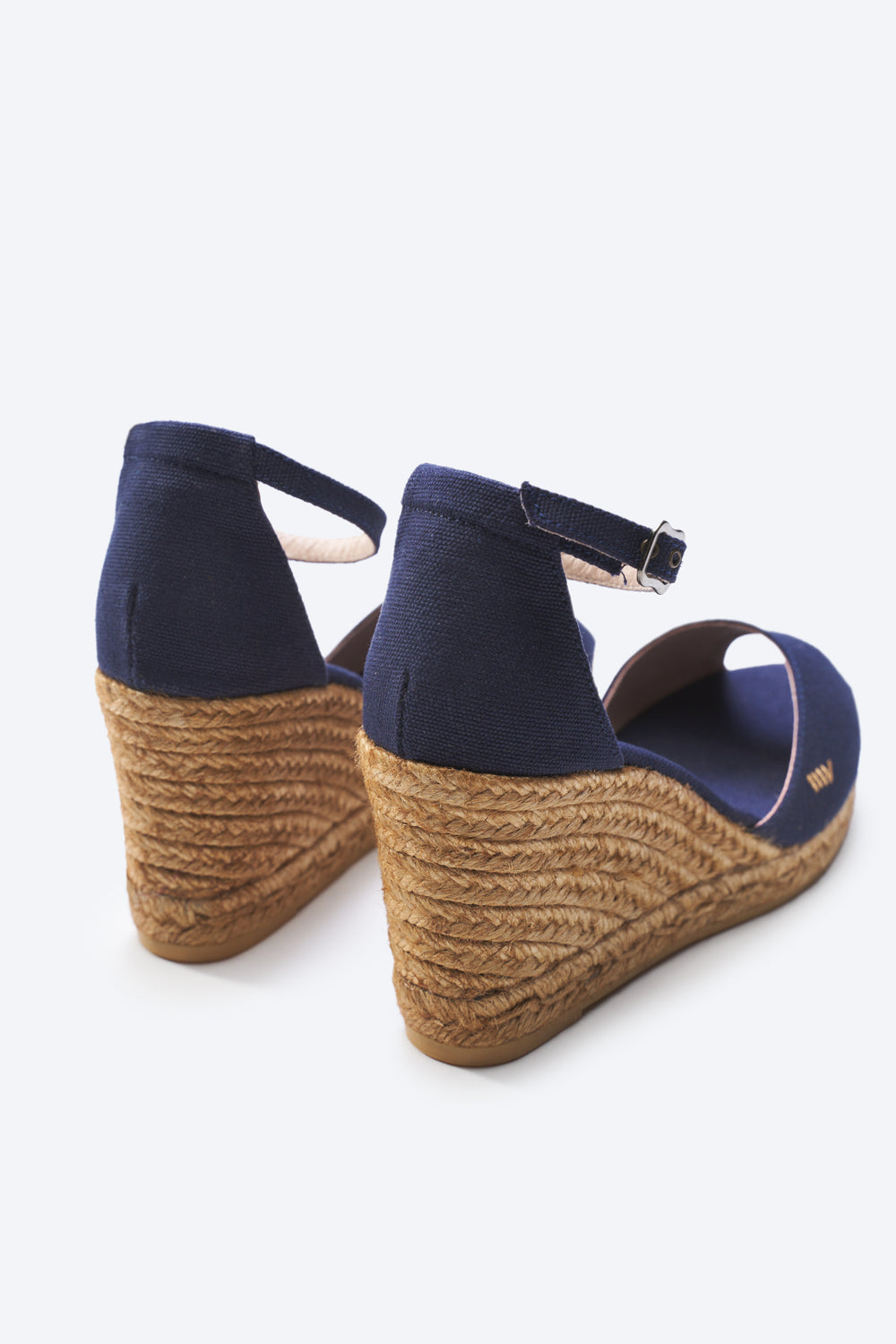 Aiguafreda Navy Blue Canvas Ankle Strap Woman Open Toe Espadrille Wedges Back Detail