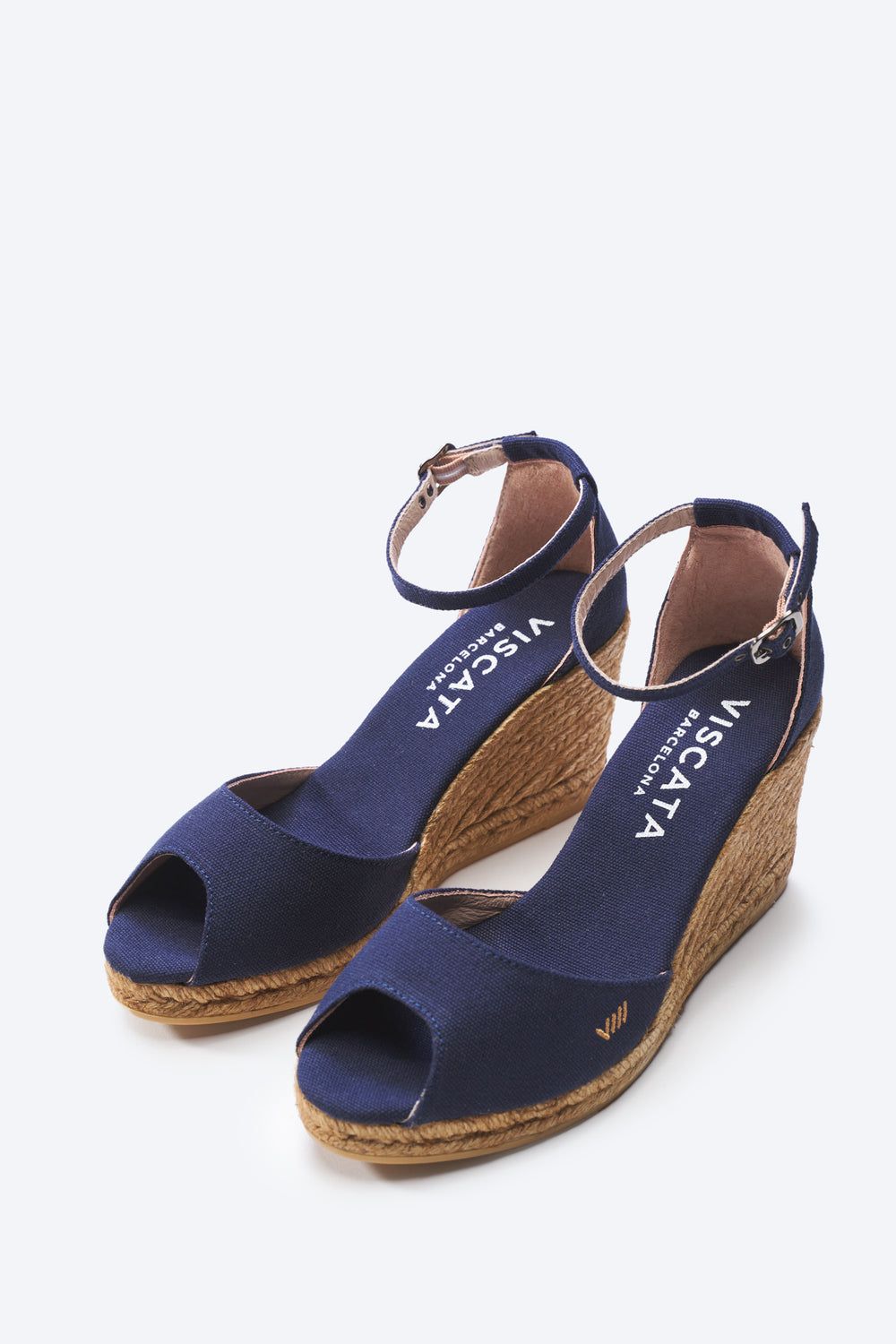 Aiguafreda Navy Blue Canvas Ankle Strap Woman Open Toe Espadrille High Heel Wedges