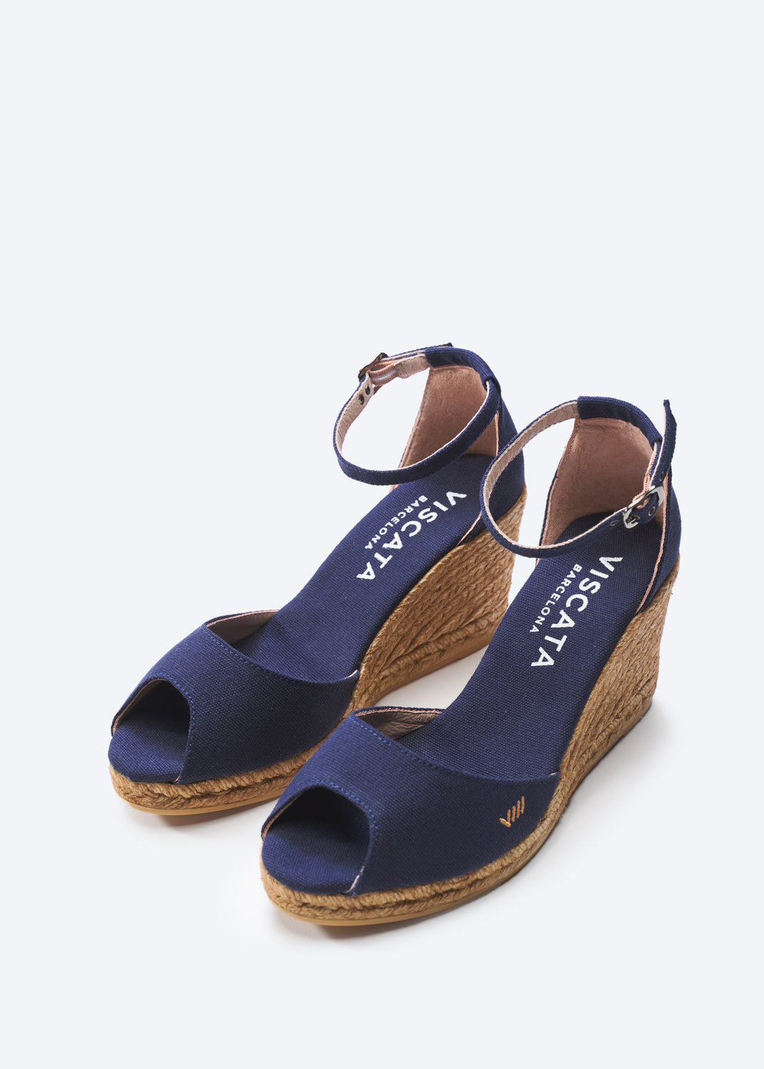 Aiguafreda Navy Blue Canvas Ankle Strap Woman Open Toe Espadrille High Heel Wedges