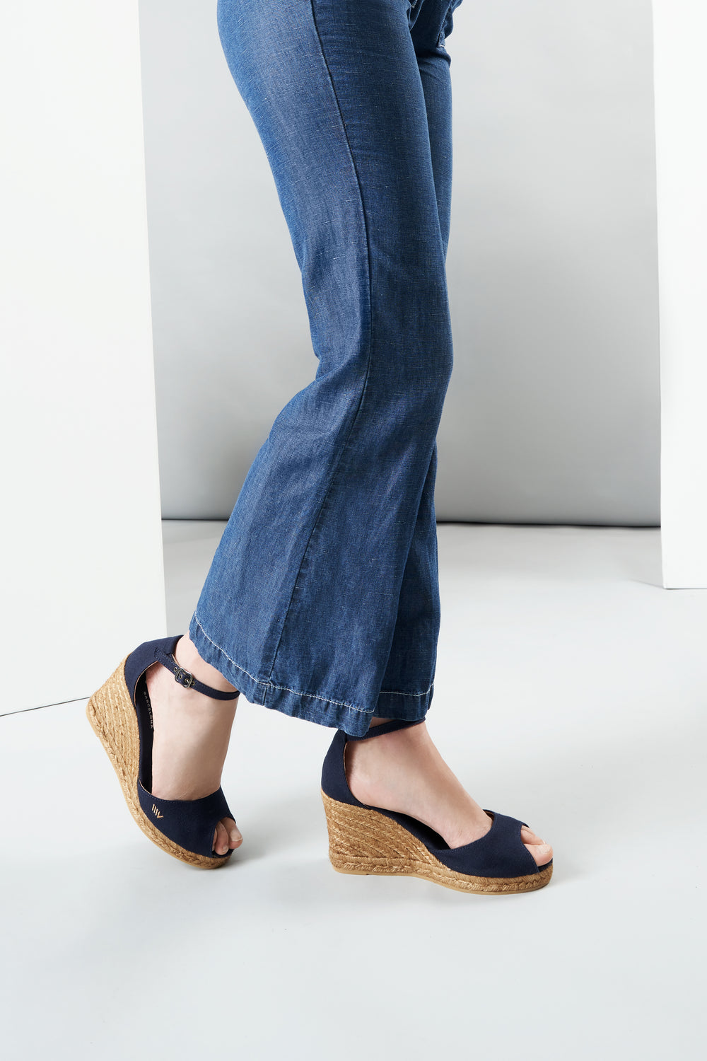 Aiguafreda Navy Blue Canvas Ankle Strap Woman Open Toe Espadrille Wedges Legs