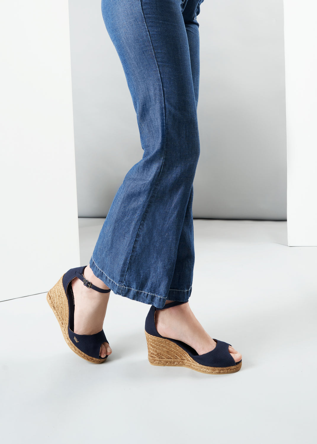 Aiguafreda Navy Blue Canvas Ankle Strap Woman Open Toe Espadrille Wedges Legs