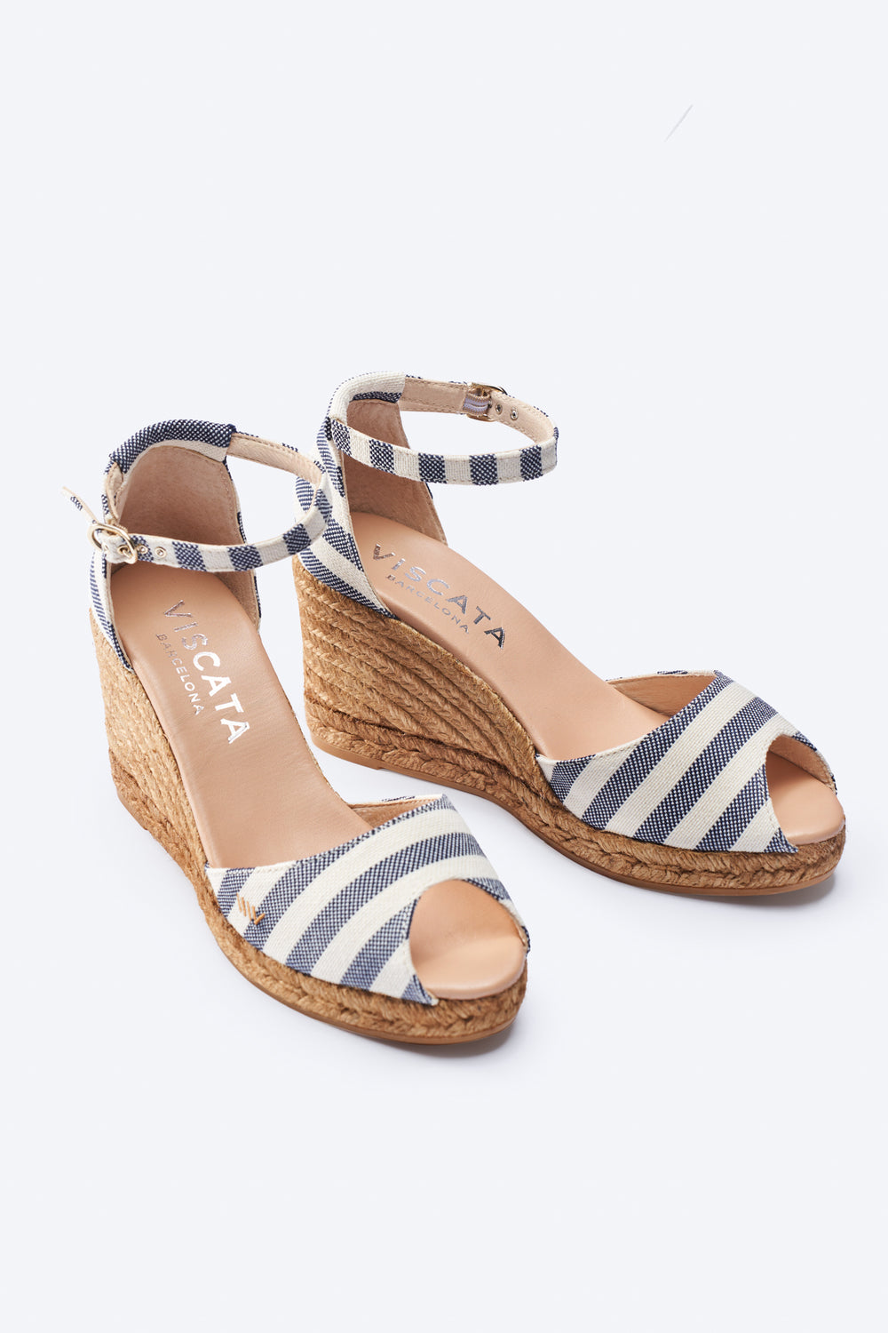 Aiguafreda Limited Edition Sailor Stripes Canvas Ankle Strap Woman Open Toe Espadrille High Wedges