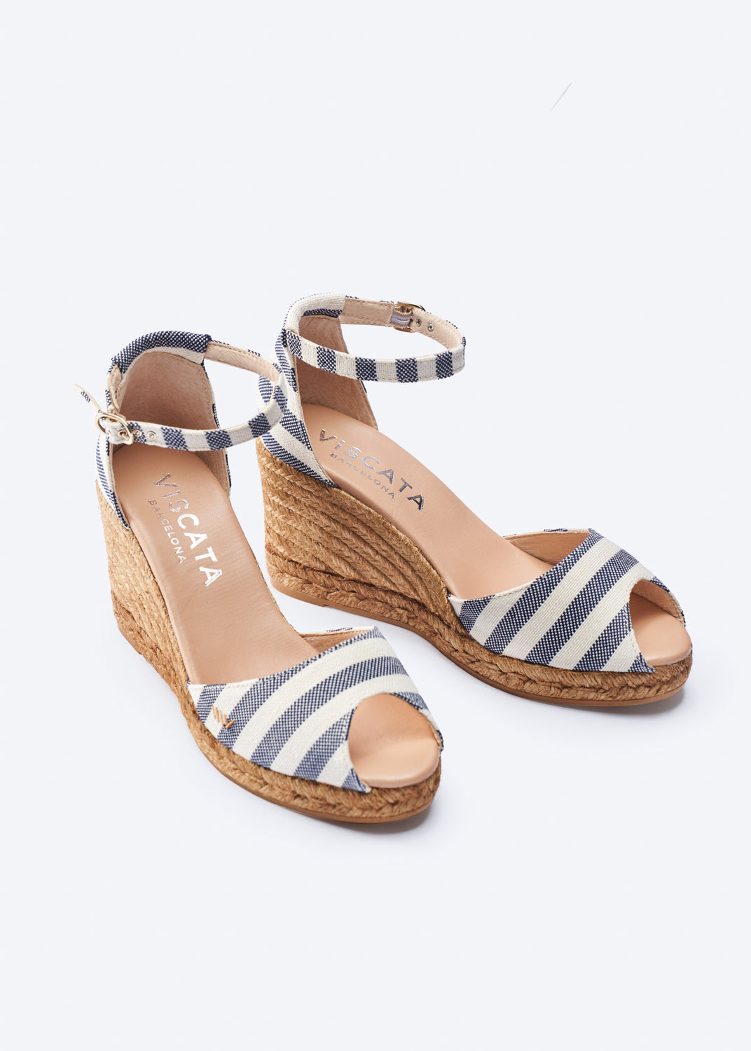 Aiguafreda Limited Edition Sailor Stripes Canvas Ankle Strap Woman Open Toe Espadrille High Wedges
