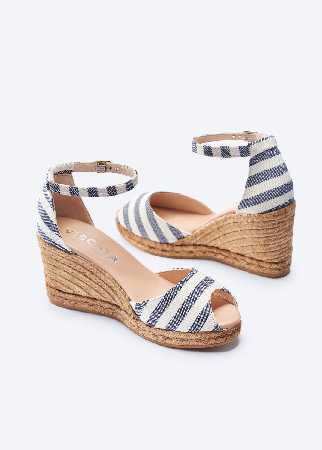 Aiguafreda Limited Edition Sailor Stripes Canvas Ankle Strap Woman Open Toe Espadrille High Heel Wedges