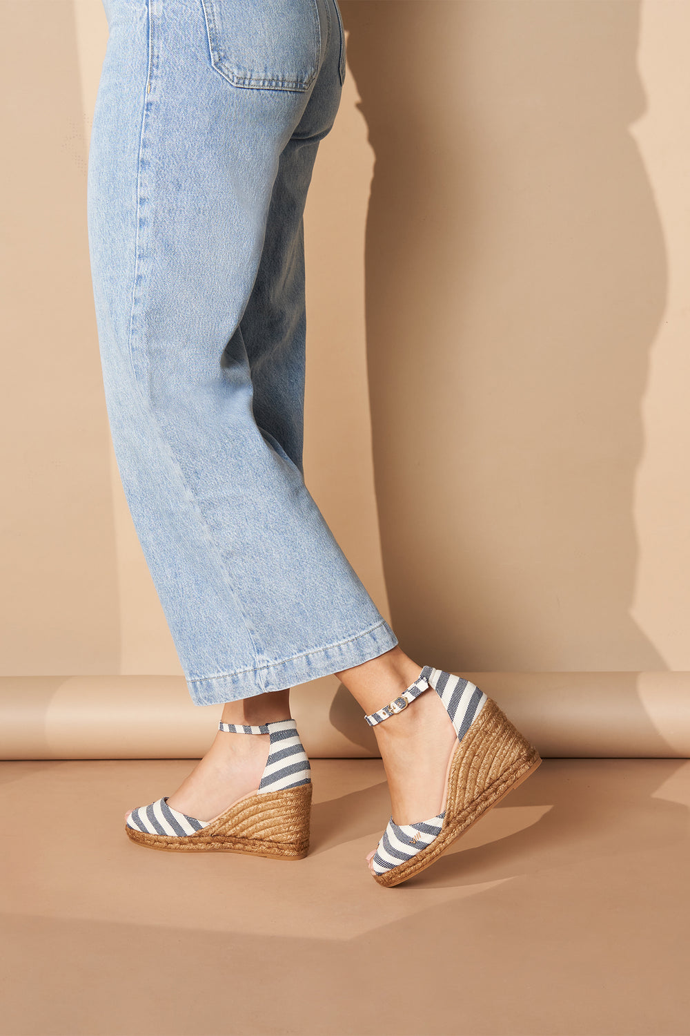 Aiguafreda Limited Edition Sailor Stripes Canvas Ankle Strap Woman Open Toe Espadrille Wedges Legs