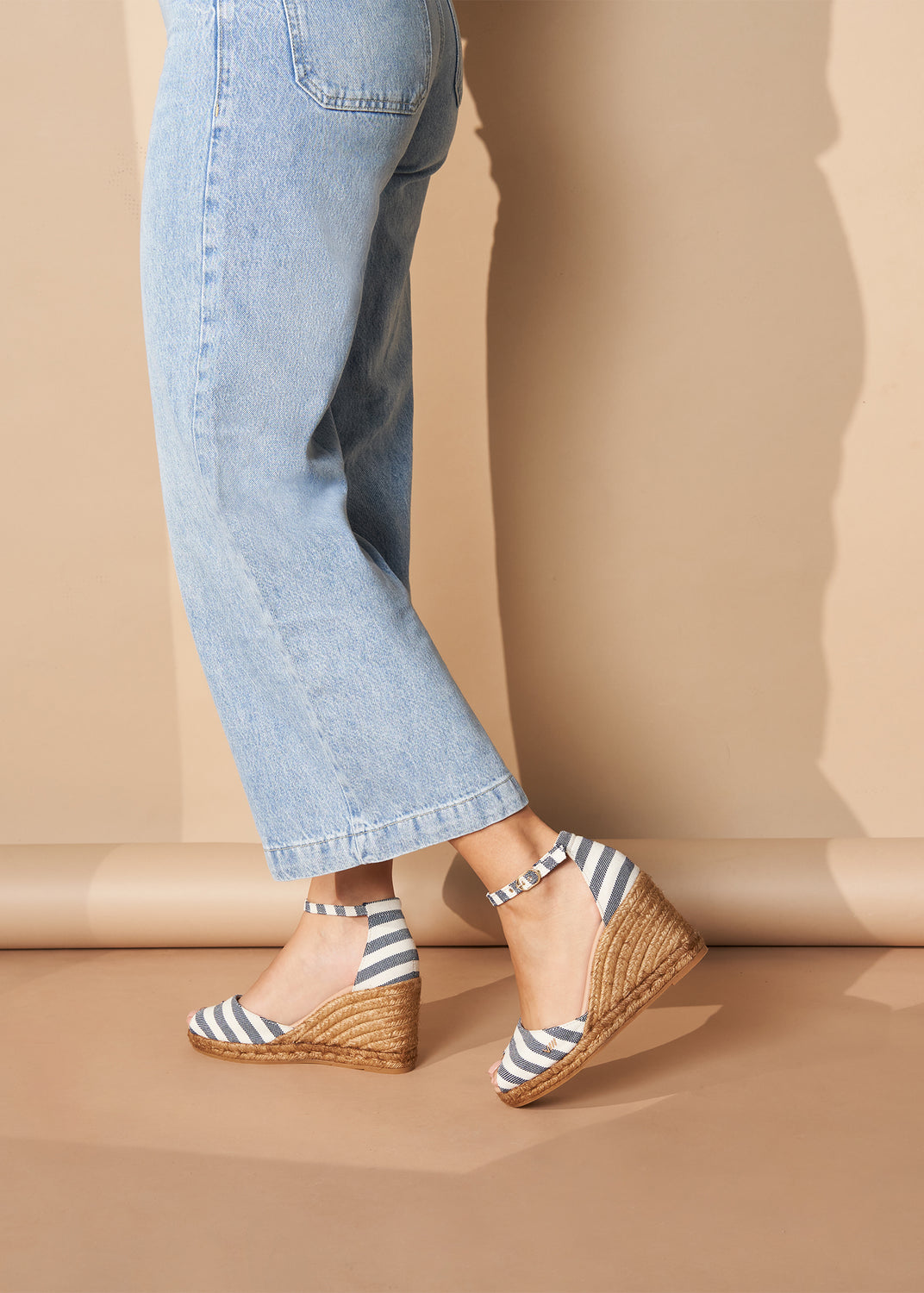 Aiguafreda Limited Edition Sailor Stripes Canvas Ankle Strap Woman Open Toe Espadrille Wedges Legs