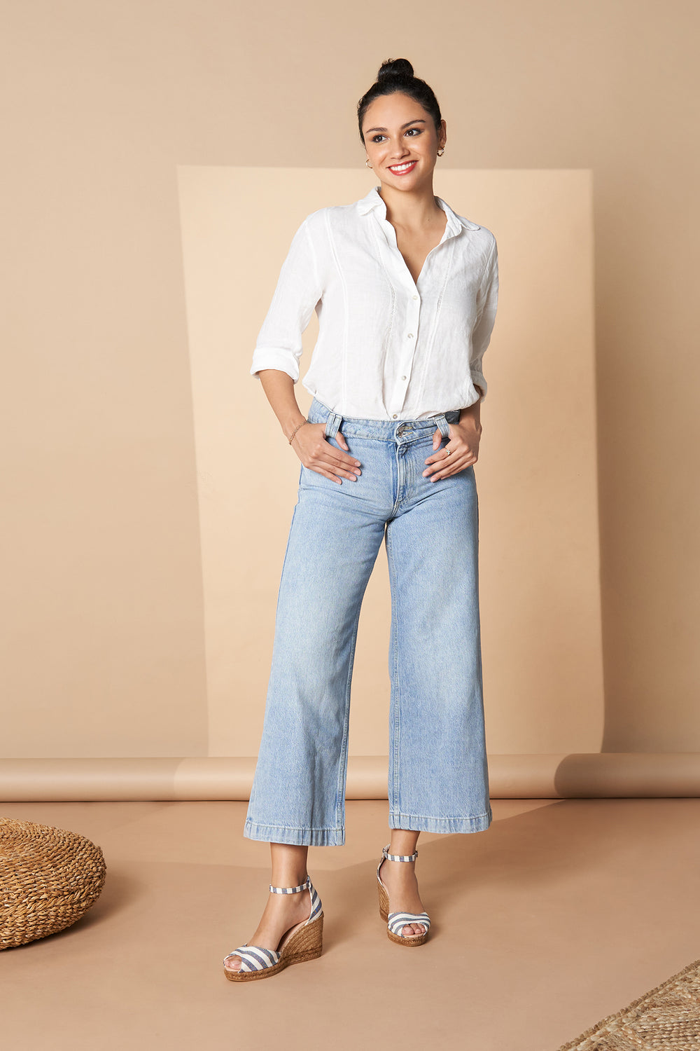 Aiguafreda Limited Edition Sailor Stripes Canvas Ankle Strap Woman Open Toe Espadrille Wedges Outfit