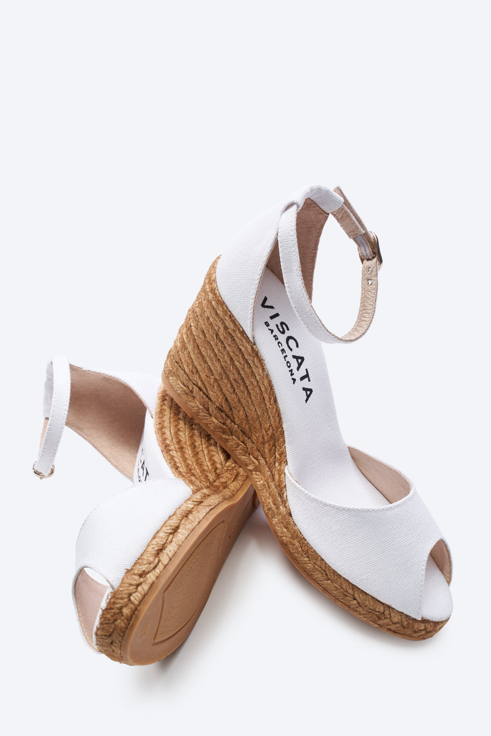 Aiguafreda Limited Edition White Canvas Ankle Strap Woman Open Toe Espadrille High Heel Wedges